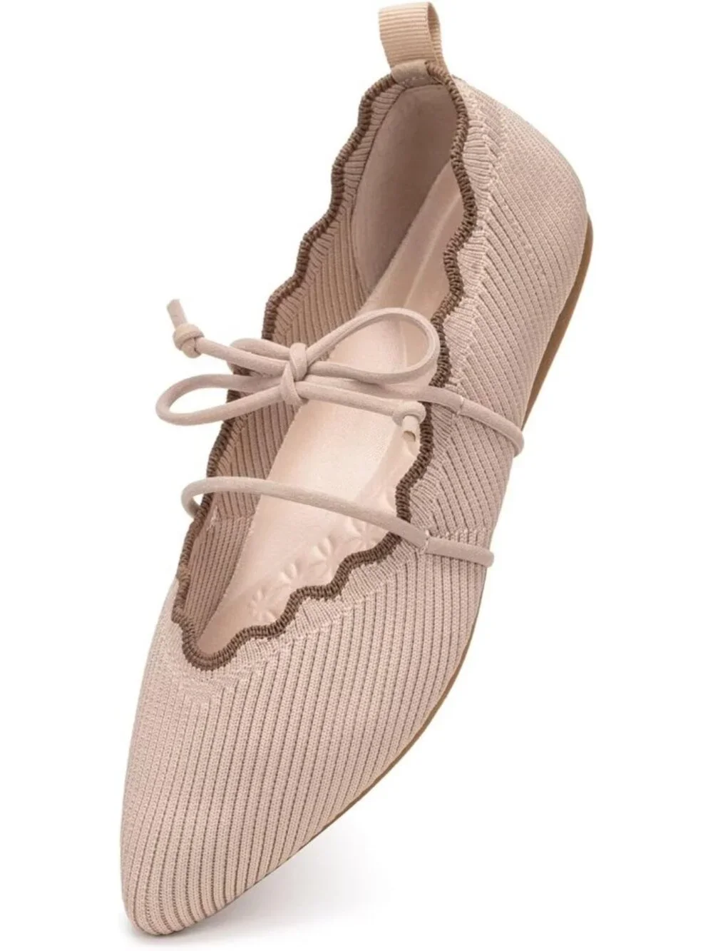 Women's Cream Rubber Knitted Slip On Pointed Toe with Ruffled Vamp Elastic Flats